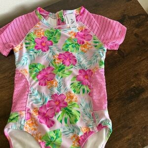 Cat & Jack Pink and Green One Piece Swimsuit with Ruffled Details